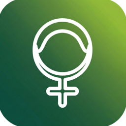 Green square with a white icon of a female symbol on a white background