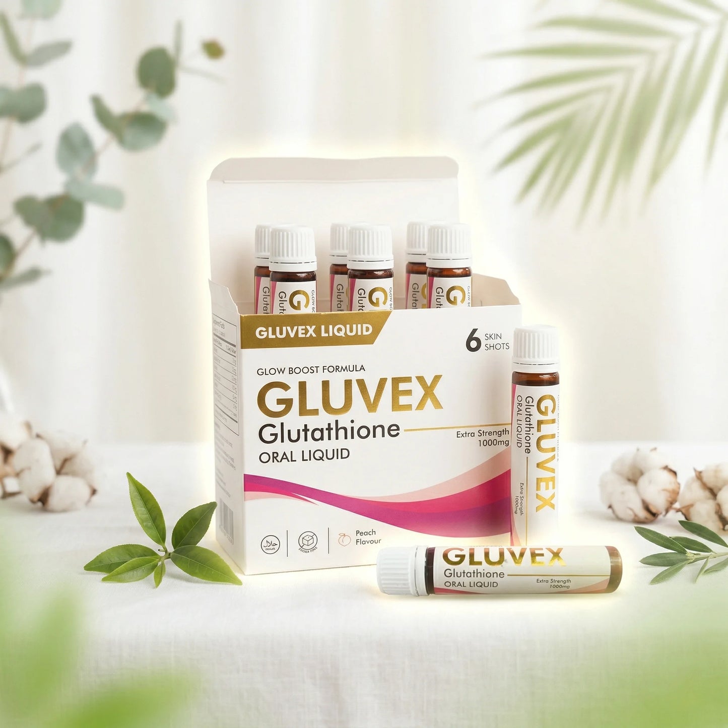 GLUVEX Glutathione Oral Liquid – Glow Boost Formula (1000mg Extra Strength) – 6 Skin Shots